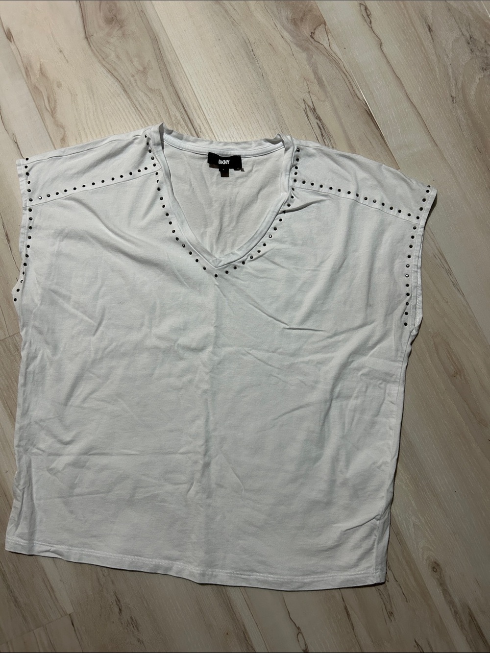 DKNY White V-Neck Studded Cap-Sleeve Top